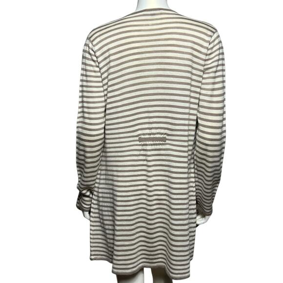 For Cynthia Long Cardigan Tan Stripe Open Front Lightweight Sweater Size L - Picture 3 of 9